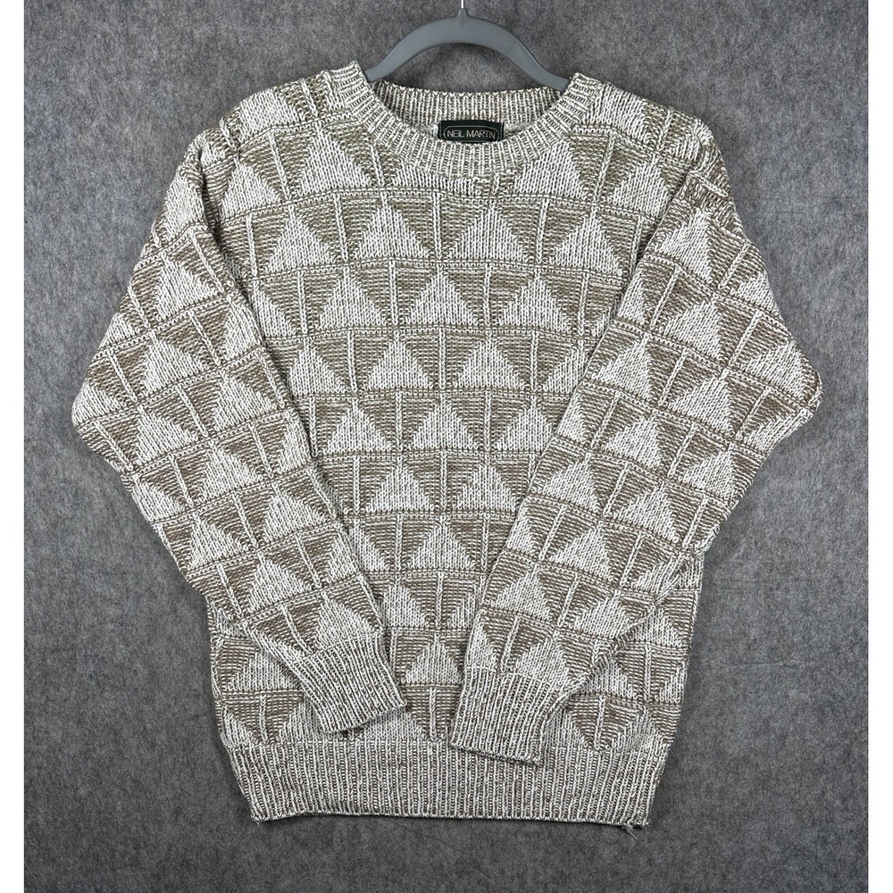 Vintage Neil Martin Sweater Mens L Beige Geometric Coogi Style Knit Pullover